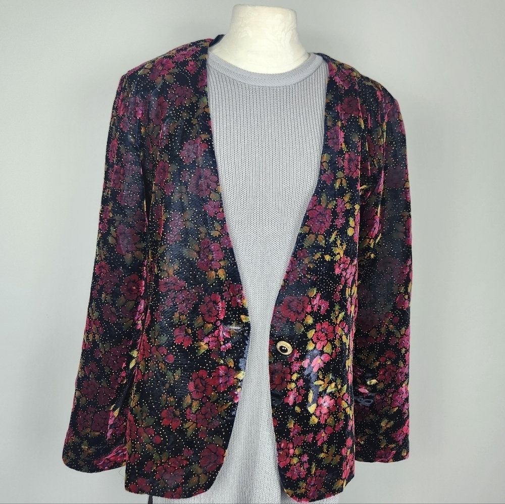 VTG Velvet Statement Jacket Floral Sparkle Black Size M - Picture 2 of 13